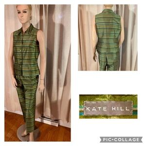 Kate Hill Petites 2 Piece Capris Pants & Sleeveless Top Green Silk Striped